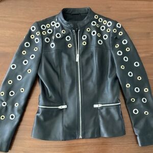 Leather sheepskin bikers jacket Designer Metal Ring Crop Jacket